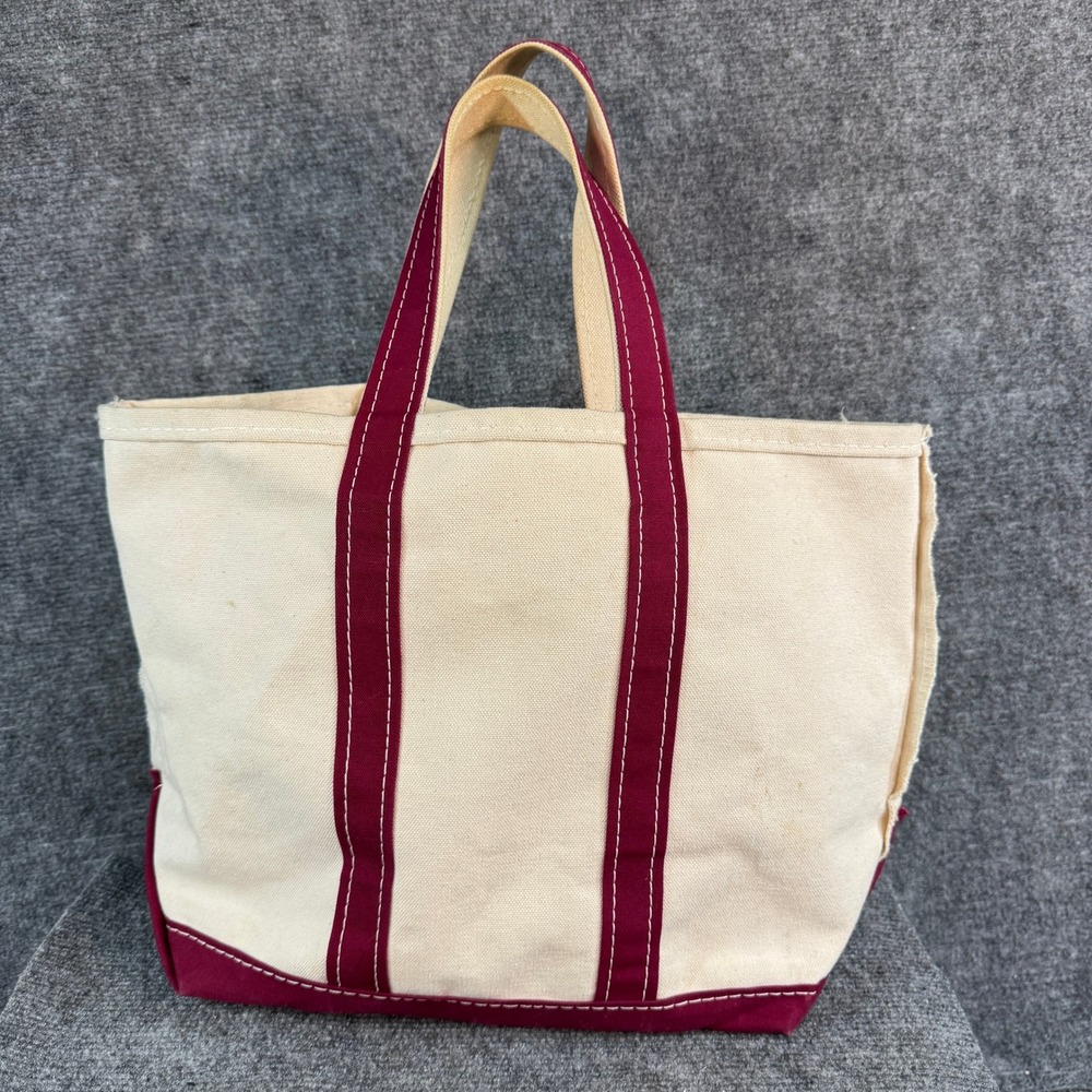 LL Bean Boat and Tote Canvas Bag Burgundy Cream Small Medium Made in USA - Picture 3 of 11